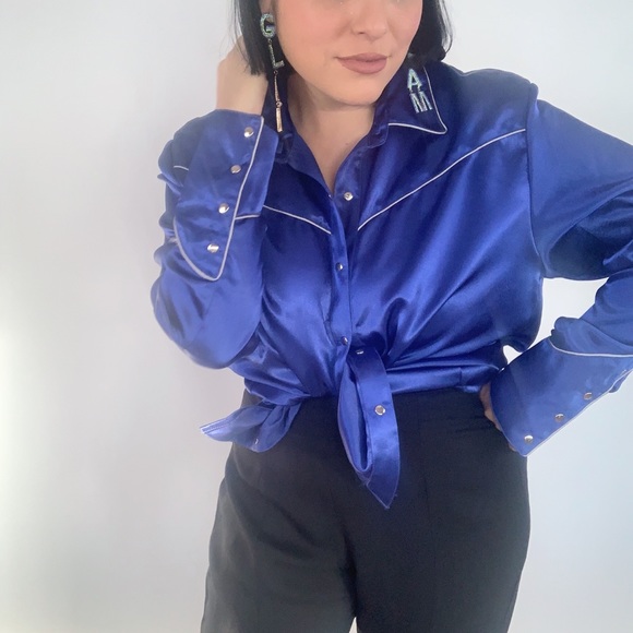 Vintage 80s Western Satin Slap Button Blouse S M L - Picture 5 of 8